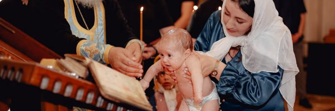 A serene moment depicting a traditional Christian baby baptism ceremony in a church.